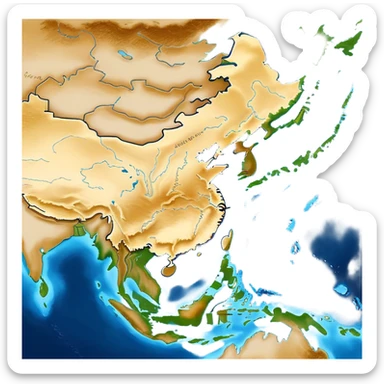 Cinematic-realistic outline of china, featuring its distinct landmass with accurately defined coastlines. The deep blue ocean surrounds the golden-brown continent, with subtle topographic shading to highlight its terrain. A soft glowing effect enhances the edges, making the shape stand out against a neutral, textured background. sticker