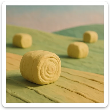 hay bales in a field, pastel colors, visible fingerprints, claymation style sticker