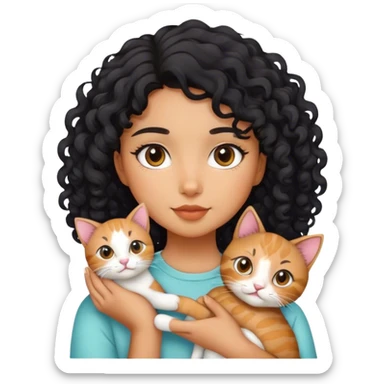 cute girl with curly black hair hold cat sticker