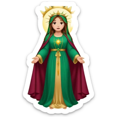 fullbody Virgin Mary back view long brown hair emerald green robe with gold stars burgundy dress halo big sun behind colorful roses on the sides sticker
