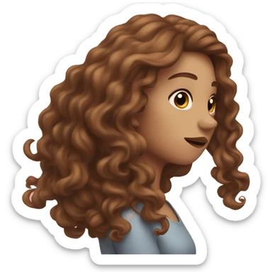 Pale female with long brown curly hair holding her head sticker