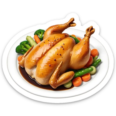 some chicken vegetables soy sauce on top  sticker