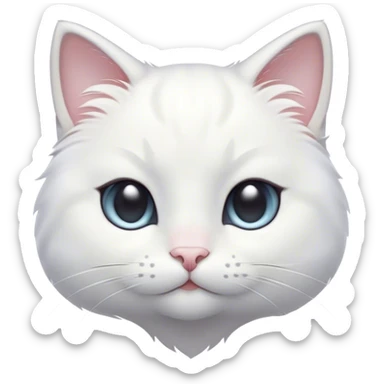 Cinematic Cute White Cat Portrait Emoji, Head tilted with a soft, gentle smile and sparkling eyes, featuring a silky, pristine white fur with subtle silver highlights, simplified yet irresistibly adorable, highly detailed, glowing with a warm, snowy glow, high shine, radiating affectionate charm and tender grace, styled with a light, playful outline, capturing the essence of a cute white cat that looks as if it could melt your heart with a single blink! sticker