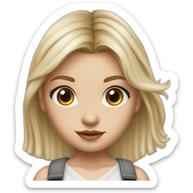 hyperrealist caucasian girl, long straight blonde hair, white v-neck laced crop top, grey mini pencil skirt sticker