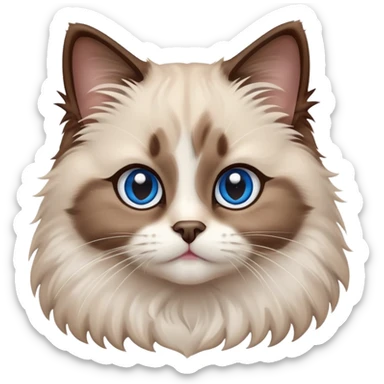 cinematic-adorable-fluffy-brown-ragdoll-cat-portrait-emoji,-head-tilted-cutely-with-big,-sparkling-blue-eyes,-soft-brown-and white-colored-fur-with-darker-points-on-the-ears,-face,-and-paws,-simplified-yet-irresistibly-adorable-features, sticker