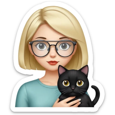 a girl with a bob, with hairpins on the sides, and with transparent glasses. holds a black cat in her arms sticker