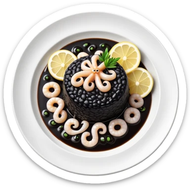 cinematic-realistic-black-risotto-dish-emoji,-showcasing-small squid pieces in black sauce -rendered-with-bold-textures-and-dynamic,-dramatic-lighting in a white plate with a grilled lemon on top sticker