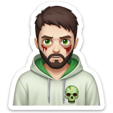 zombie pointing finger, undercut hairstyle with dark brown hair, short full beard, heterochromia with one green eye and one brown eye, wearing plain white hoodie sticker