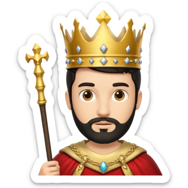 Bearded King, young king with short black beard, royal staff in hand, wearing crown
 sticker