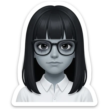 Zombie girl Memoji style, long straight black hair with bangs, grey skin, dark circles under eyes, wearing black glasses, simple white shirt, 3D render." sticker