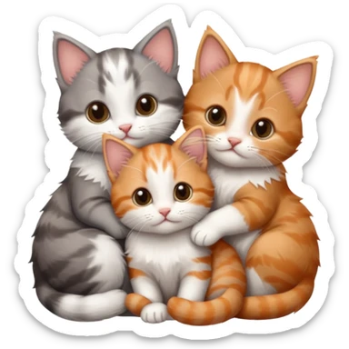 3 tiny kittens cuddling together all different colours, the first one is grey and white, the second is ginger and white and the third is brown tabby and white sticker