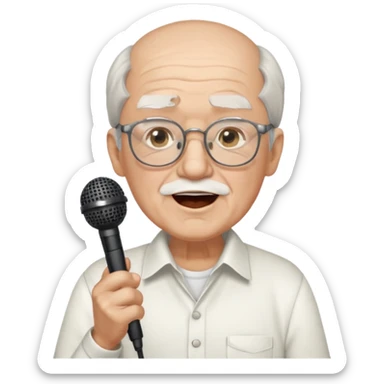 singer, Old man, singing, holding mic, white shirt glasses sticker