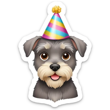 A schnauzer dog wearing a colorful birthday hat sticker