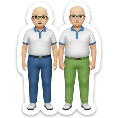 two guys, the first guy is white and have hair but only around his head and not on top, have glases a white dressshirt with rolled up sleeves and green pantsThe second guy has a yellow skin white golf shirt blue jeans and bald they should stand next to eachother they are both really fat  sticker