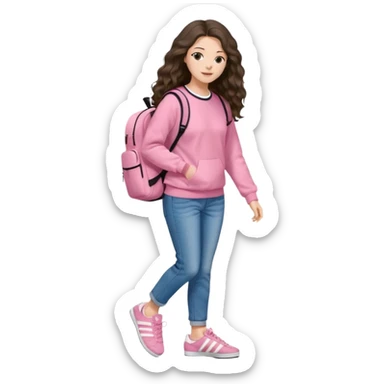 aestethic brunette very,very,very long wavy hair walking with a school backpack (no brand) with a cute jeans, pink sweat, adidas samba shoes sticker
