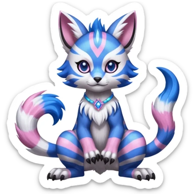 Black and pink-striped Colorful Skilled Adept Graceful Asian Painted WereGarurumon-Meloetta-Ursaring-Furret-fusion-hybrid-creature (full body) with cobalt-sapphire-blue rings around eyes, tufted lynx ears sticker