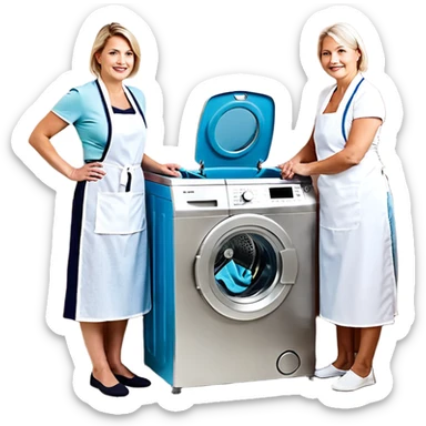 Eine Frau steckt bis zum Bauch in einer Waschmaschine fest und nur die Beine gucken raus und zwei schwarze männer ziehen an ihren Beinen um sie raus zu holen  sticker