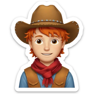 a wavy orange hair boy wearing a cowboy hat with a mischievous grin and freckles with western red scarf on his neck sticker