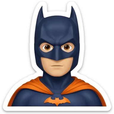 generate a batman emoji with just the face and neck showing and part of the cloak and and wings. Shade the mask in dark navy blue. Shade the chest in a bright medium olive green. Shade the cloak in a solid vibrant orange sticker