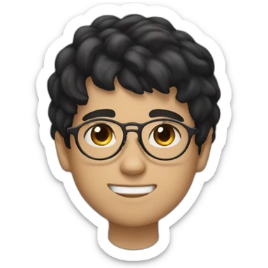 boy with black hair, wearing round glasses, and his skin is white sticker