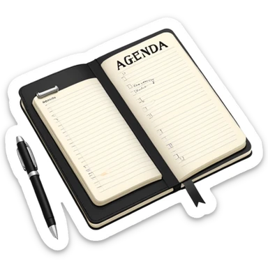 A classic black Moleskine notebook open to show a page with 'AGENDA' written at the top and meeting items listed below with bullet points sticker
