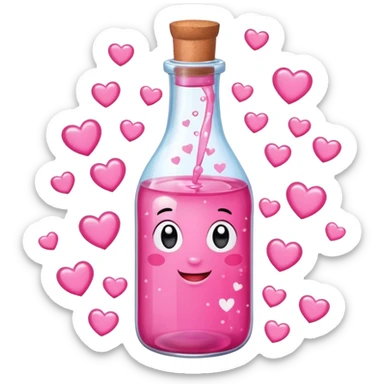 A cartoon cute glass  bottle with pink liquid, labeled “obsessed”, with hearts and sparkles swirling around. sticker