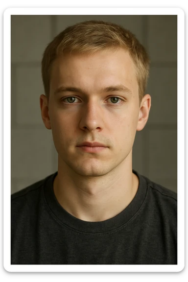 young man with short blond hair and green eyes, neutral expression sticker