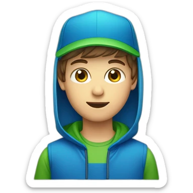 boy with green eyes and triangle head face shape, blue cap, wearing a reversed blue cap sticker