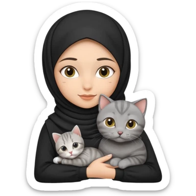 Skinny Middle Eastern hijabi girl (black hijab) with arched brows holding a grey tabby British shorthair, mum and kitten cat sticker