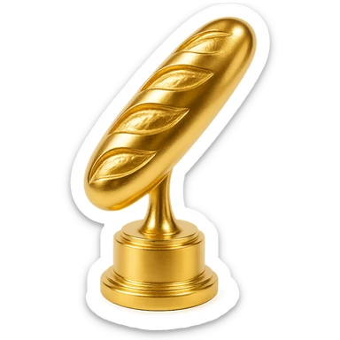 a trophy shaped like a baguette, gold, shiny, stylized sticker