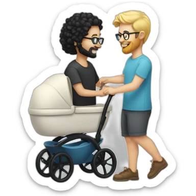 White man with Black hair,  beard and glasses pushing buggy with blonde baby sticker