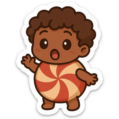 brown male peppermint chibi character with curly hair, surprised expression, cute and playful style sticker