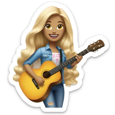 An emoji of a blonde, long-haired Barbie playing a guitar, wearing stylish clothing and smiling confidently sticker