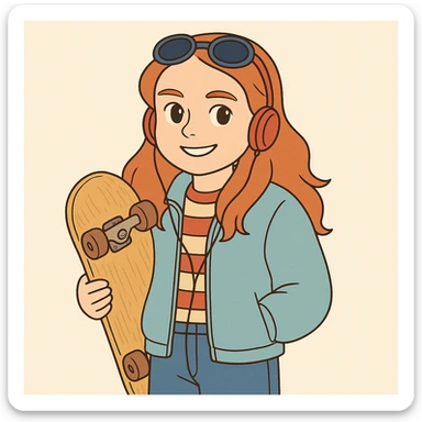 Max Mayfield from Stranger Things with iconic look: holding a skateboard, blue jacket, red headphones, red hair loose, smiling expression, simple line art, light pastel tones, thick outlines, Ghibli style, square 1:1 format. sticker