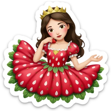 sleeping beauty brunette white girl with a silk pillow strawberry dress with her face painted fairy strawberry styles on top and her dress drawstring with a strawberry  sticker