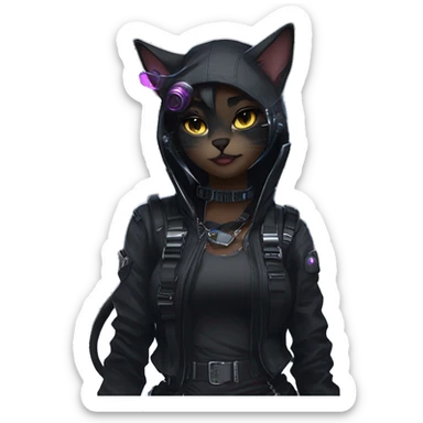 Gorgeous dark techwear cyberpunk style sona anthro cat, aesthetic, and pretty edgy black with collar and harness, trending style sticker