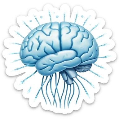 Floating pearl and light blue capsule orbiting around a translucent brain with bright sparks connected to a glowing neural network, all wrapped in a soft fog representing mental focus sticker