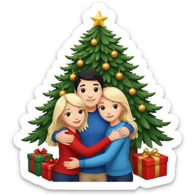 Generate Christmas-style emojis  family. Where light-skinned people stand near the tree all together, hugging and smiling. 2 girl should be Light-haired woman, 1 woman black-haired woman, and add 1 man  sticker