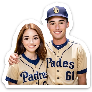 *White* Smiling couple. Woman has big cheeks and a lot of freckles on the nose. long brown hair. Man has black and very short hair and prominent eyebrows with egipcian nose. Both are wearing “Los Padres” baseball jerseys and with a sign that says “Go Padres!” sticker