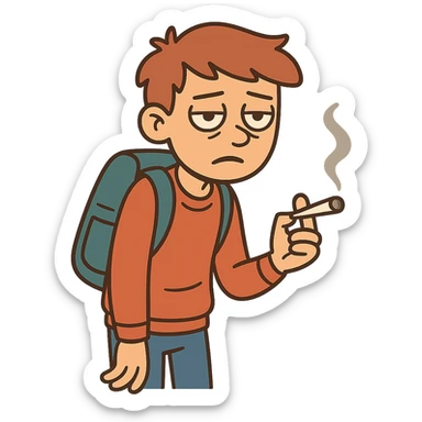 flat toon style of a student with a backpack, tired expression, and a joint, no background sticker
