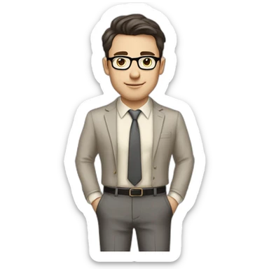 Full height Pale skinned Fit Man With dark brown hair in classic gray suit, beige office shirt, dark gray tie, and vintage glasses. His hands lock sticker