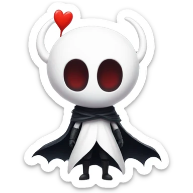 Hollow knight main character with big head and with big red heart sticker