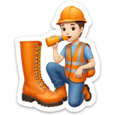 Person licking a large orange work boot sticker