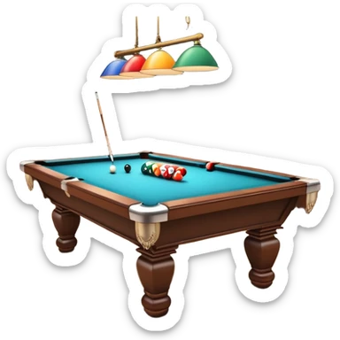 A billiard table with colorful balls arranged in a triangle, and a cue stick poised to break. The scene is set in a dimly lit room, with focused lighting highlighting the balls and table, emphasizing skill, precision, and strategy in the game of pool. sticker