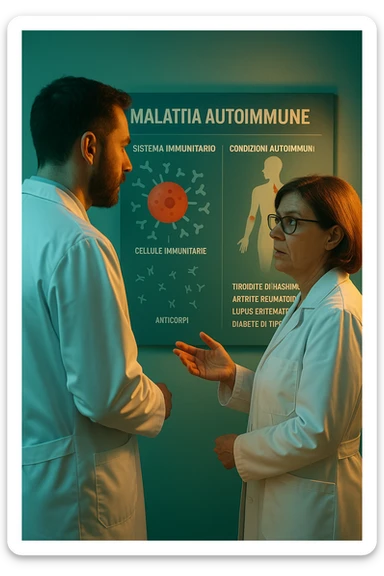 Realistic, detailed photo taken from behind of two doctors—a bearded man and a middle-aged woman—standing and facing each other as they discuss an autoimmune disease diagnosis in front of a medical chart that displays information about the immune system and autoimmune conditions. The scene is illuminated by a yellowish, orange, warm light that softly envelops the doctors. The entire room is bathed in a single green-blue color, creating a cohesive and modern atmosphere. Both doctors wear white coats, and their body language suggests a serious, professional conversation about the complexities of autoimmune diseases. Shot with a Canon EOS R5, with high detail and natural depth of field. in italiano sticker