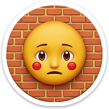 If you are familiar with the Melting Face Emoji, the round yellow face, with no define facial features, generate an emoji with that face but sad. Also, the face should be leaning against a red brick wall, with one cheek touching it, so this wall should be in perspective to understand the composition sticker