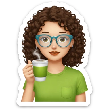 White girl with dark brown curly hair, brown eyes, sky blue glasses, nose ring, apple green t shirt, drinking coffee from a glass cup sticker