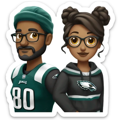 Brown skin couple in Philadelphia Eagles clothing guy has a beard and mustache girl has glasses and her hair in a bun sticker