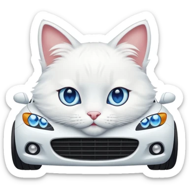Please create a small emoji the size of 🚗 featuring a pure white cat with blue eyes on a white car. sticker