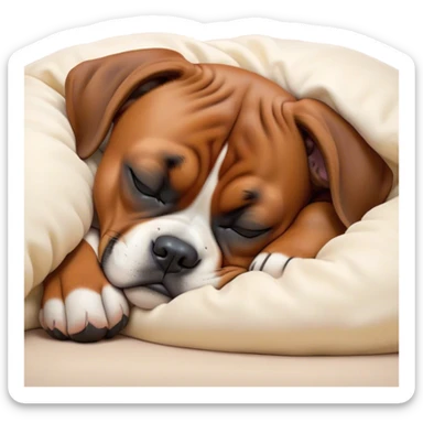 Cinematic cute Sleeping Boxer dog Portrait Emoji, cute and serene, with a stocky, adorable build and a smooth fur, eyes gently closed in peaceful slumber, Simplified yet irresistibly endearing features, highly detailed, glowing with a gentle, dreamy glow, high shine, relaxed and content, stylized with a touch of whimsy, bright and heartwarming, soft glowing outline, capturing the essence of a blissfully sleepy guardian, so comically serene it feels like it could roll out of the screen and snore with adorable charm! sticker
